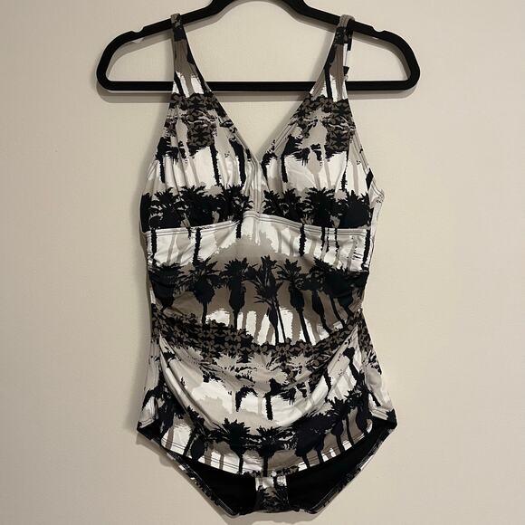 Tommy Bahama Swimsuit One Piece Neutral Colors Palm Tree Black Beige Size 16 - Picture 1 of 8